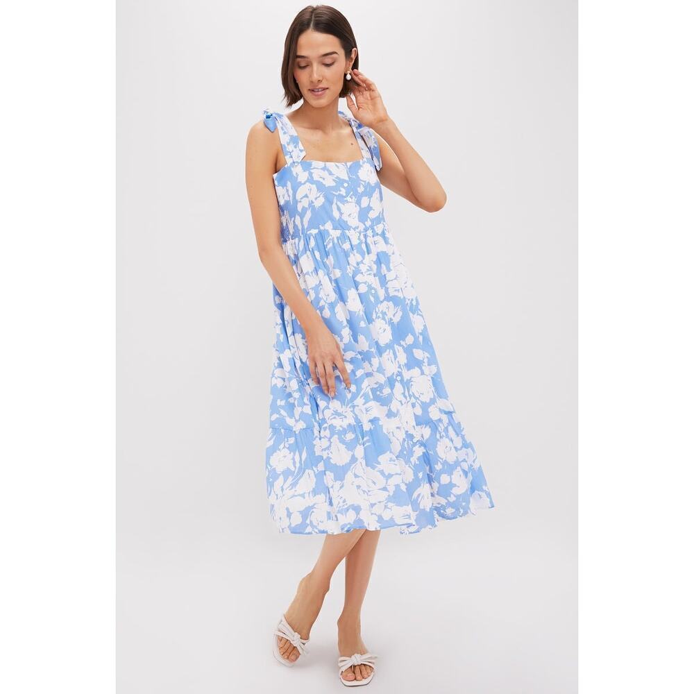 HYACINTH HOUSE Blue and White Floral Lupine Midi Dress Size L NWT